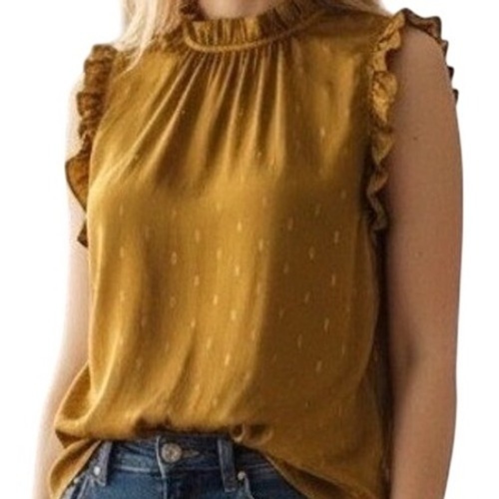 Luna Rae Blouse Women L Mustard Gold Metallic Leaf Ruffle Mock Neck Sleeveless